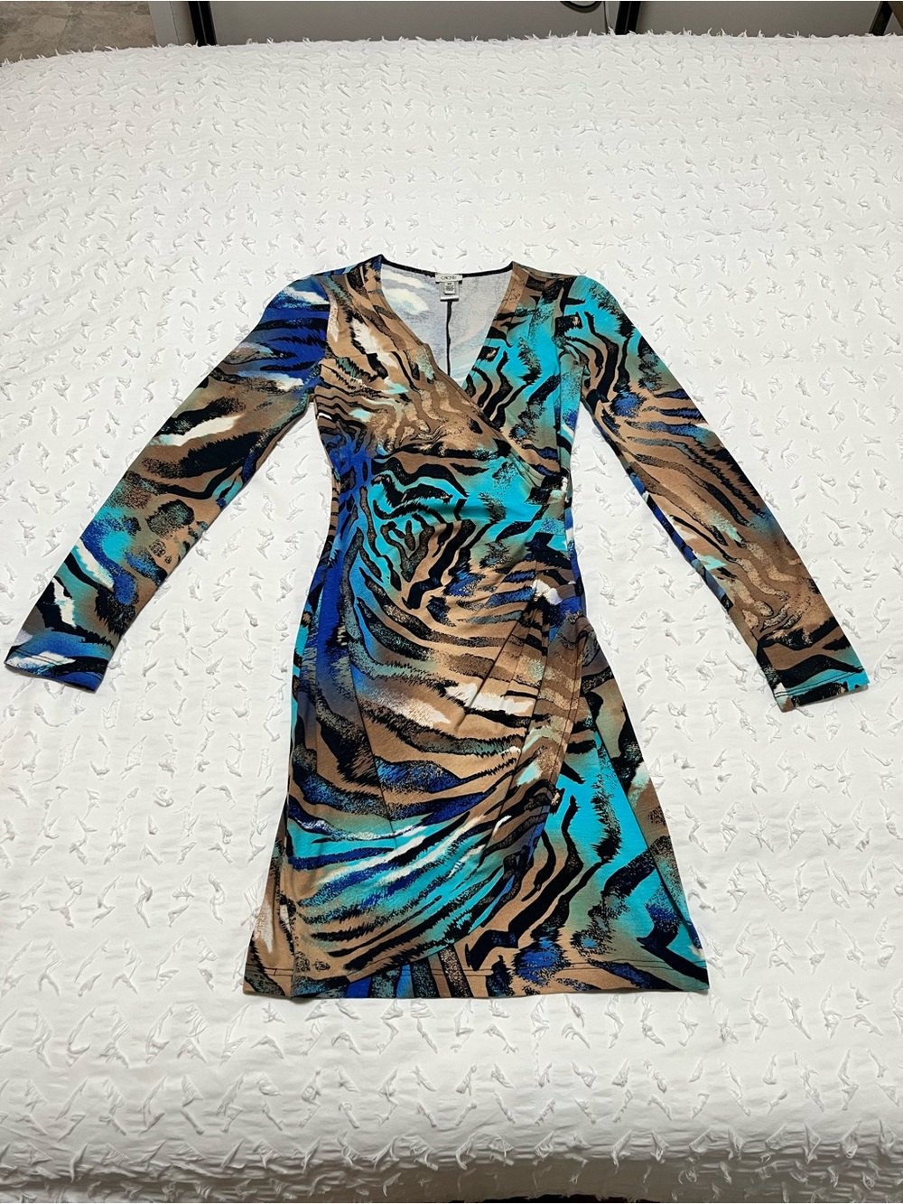 Vintage Cache Teal, Blue & Brown Animal-Print Wrap Dress - Picture 3 of 7